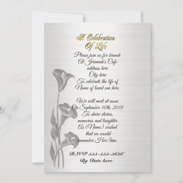 Celebration of life Invitation Calla lilies (Front)