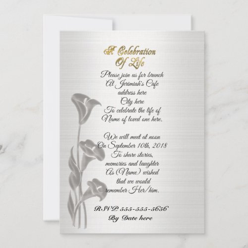 Celebration of life Invitation Calla lilies