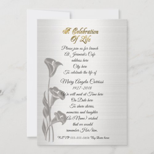 Celebration of life Invitation Calla lilies