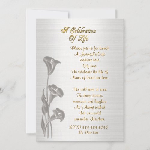 Celebration of life Invitation Calla lilies