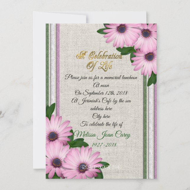 Celebration of life Invitation daisies on linen (Front)