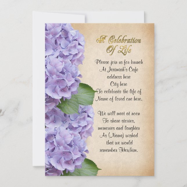 Celebration of life Invitation hydrangea (Front)
