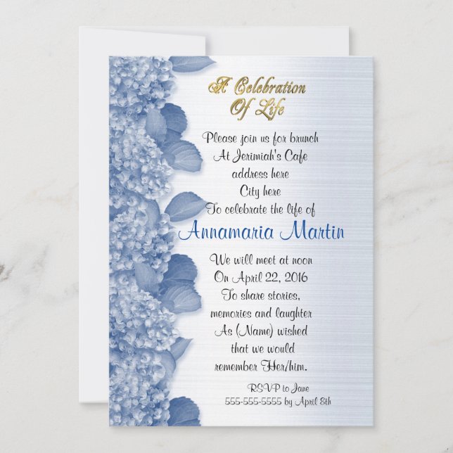 Celebration of life Invitation hydrangea (Front)