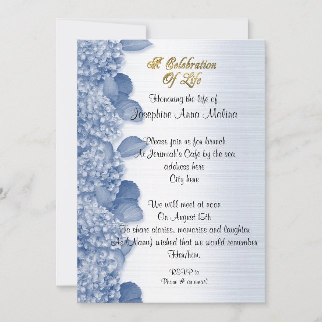 Celebration of life Invitation hydrangea blue (Front)