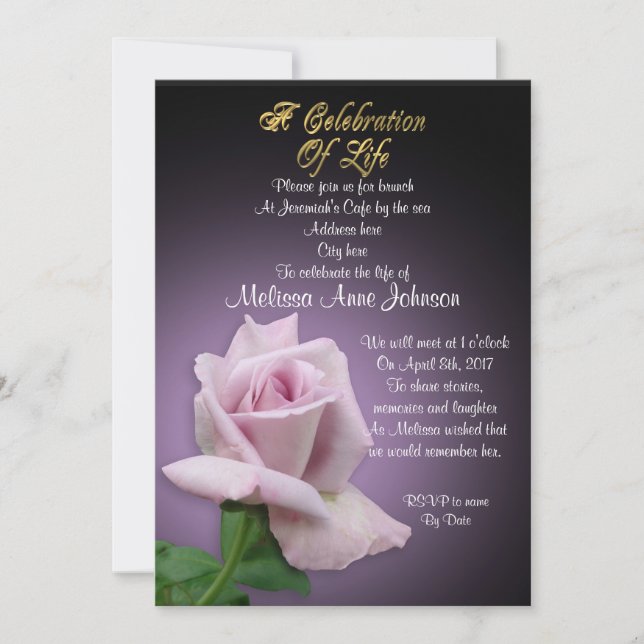 Celebration of life Invitation lavender rose (Front)