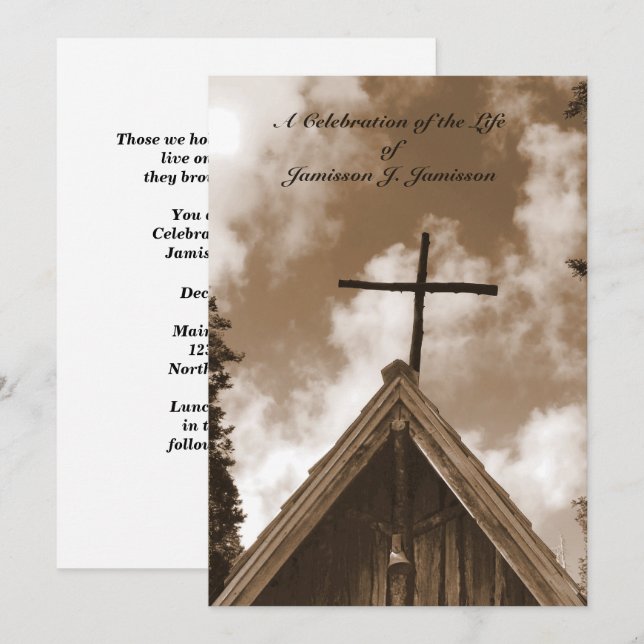 Celebration of Life Invitation, Old Church, Sepia Invitation (Front/Back)