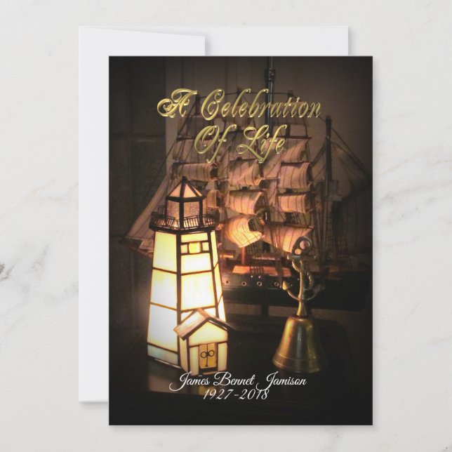 Celebration of life Invitation ship and lighthouse (Front)