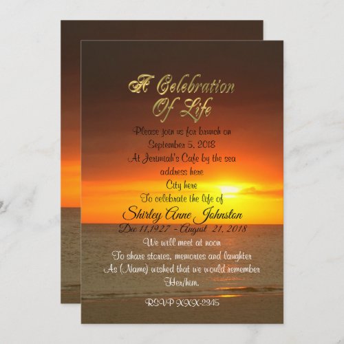 Celebration of life Invitation sunset