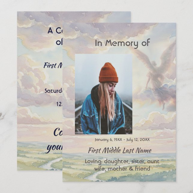 Celebration of Life Invite Angel Sky Clouds (Front/Back)