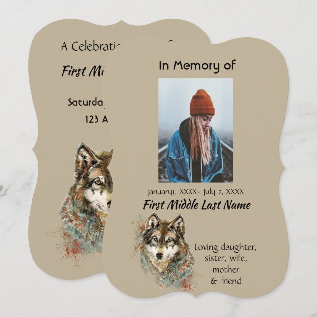 Celebration of Life Invite Watercolor Wolf Animals (Front/Back)