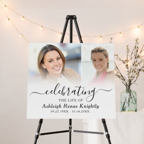 Celebration of Life Memorial 2 Photo Foam Board - Celebrate the life of your loved one in an easy-to-create photo memory display board featuring 2 pictures for a Celebration of Life event or funeral memorial service sign. The elegant black and white design features an elegant handwritten calligraphy script title CELEBRATING THE LIFE OF NAME and dates. The text font styles, size, color and placement fully editable. ASSISTANCE:  For help with design modification/personalization, color change or transferring the design to another product, contact the designer BEFORE ORDERING via the Zazzle Chat MESSAGE tab or email makeitaboutyoustore@gmail.com.