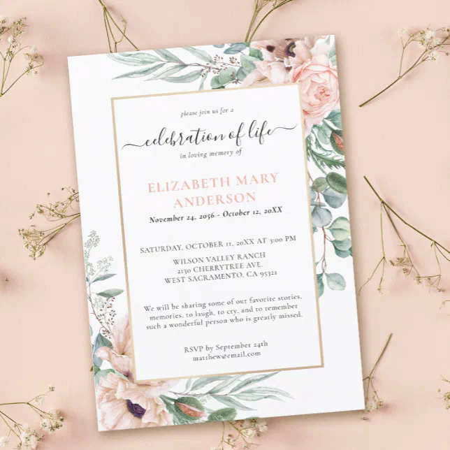 Celebration of Life Memorial Blush Pink Floral Invitation | Zazzle