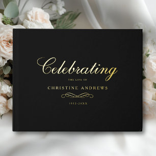 Celebration of Life Memorial–Elegant Minimal Black Foil Guest Book