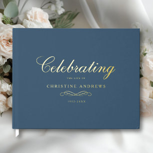 Celebration of Life Memorial–Elegant Minimal Blue Foil Guest Book