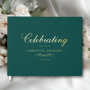 Celebration of Life Memorial–Elegant Minimal Teal Foil Guest Book