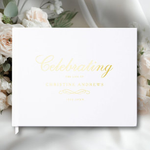 Celebration of Life Memorial–Elegant Minimal White Foil Guest Book