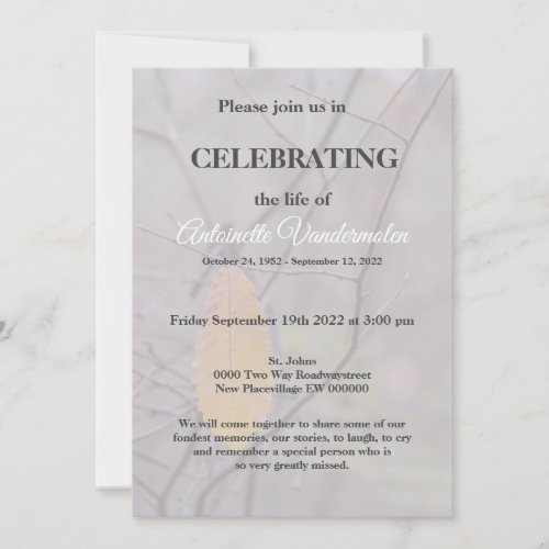 Celebration of Life Memorial funeral  Invitation