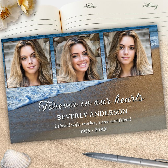 Celebration of Life Memorial Keepsake Photo Guest Book (Celebration of life guest book featuring 3 custom photos framed by waves rolling on the beach)