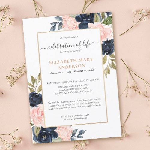 Celebration of Life Memorial Pink Navy Blue Gold Invitation