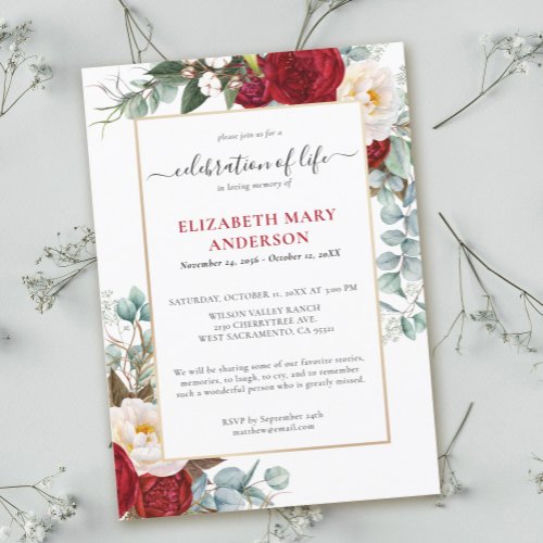 Celebration of Life Memorial Red White Floral Invitation