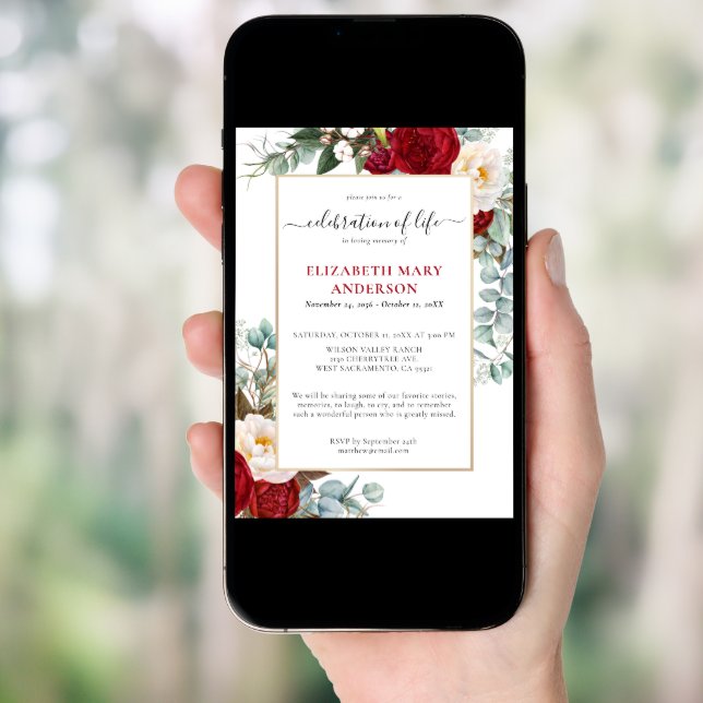 Celebration of Life Memorial Red White Floral Invitation (Front Digital)