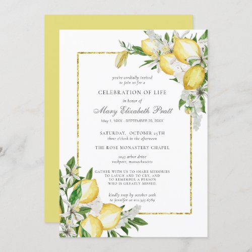 Celebration of Life Memorial Service Lemon Invitat Invitation