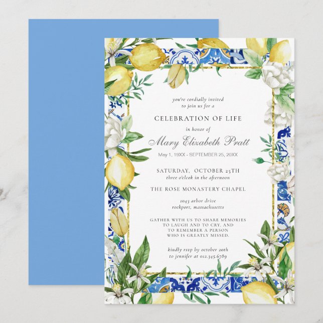 Celebration of Life Memorial Service Lemon Invitation (Front/Back)