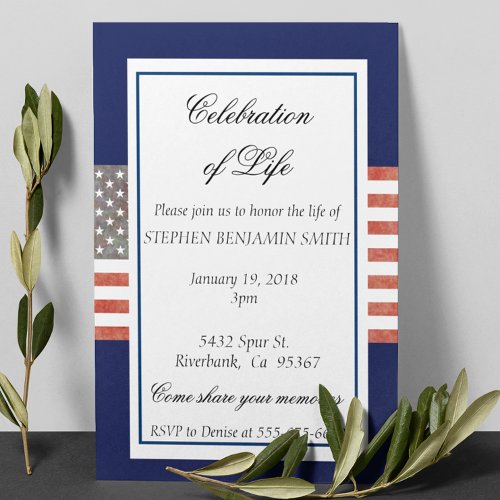 Celebration of Life Memorial Service Veteran Flag Invitation