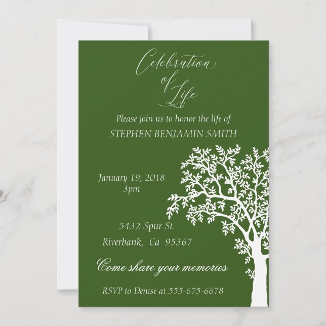 Celebration of Life Memorial Service White Tree Invitation (Front)