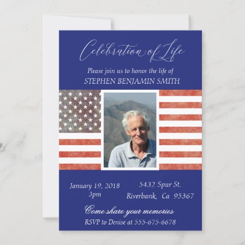 Celebration of Life Memorial Veteran Flag Blue Invitation