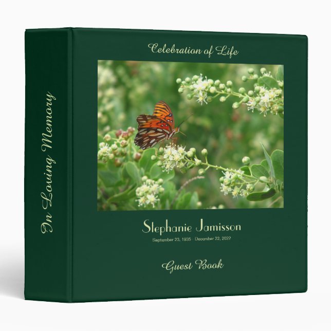 Celebration of Life Memory Book, Orange Butterfly 3 Ring Binder (Front/Spine)