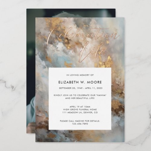 Celebration of Life Modern Abstract Funeral Gold Foil Invitation