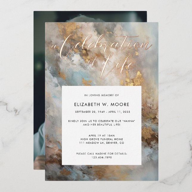 Celebration of Life Modern Abstract Funeral Gold Foil Invitation (Front/Back)