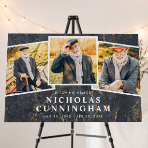 Celebration of Life Modern Dark Marble Three Photo Foam Board