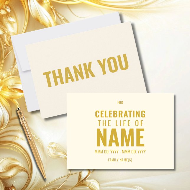 Celebration of Life Modern Ecru & Gold Memorial Thank You Card (Creator Uploaded)