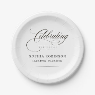 Celebration of Life Modern Elegant Script Funeral  Paper Plates
