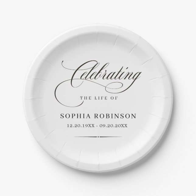 Celebration of Life Modern Elegant Script Funeral  Paper Plates (Front)
