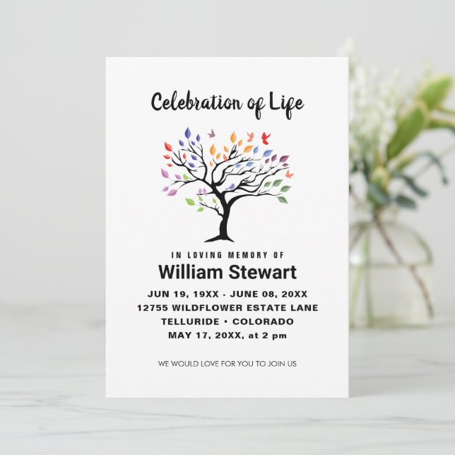 Celebration of Life | Modern Funeral Color Tree Invitation (Standing Front)