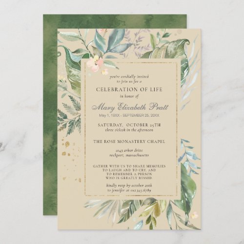 Celebration of Life Modern Green Gold Botanical In Invitation