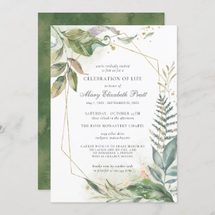 Celebration of Life Modern Green Gold Botanical Invitation