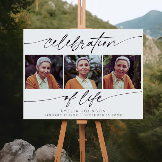 Celebration of Life Modern Script 3 Photo Funeral  Foam Board