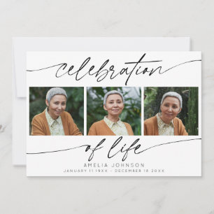 Celebration of Life Modern Script 3 Photo Funeral Thank You Card