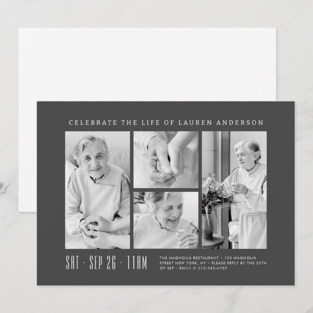 Celebration of Life Modern Simple 4 Photo Collage Invitation (Front/Back)