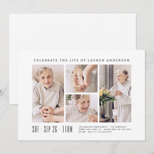 Celebration of Life Modern Simple 4 Photo Collage Invitation (Front/Back)