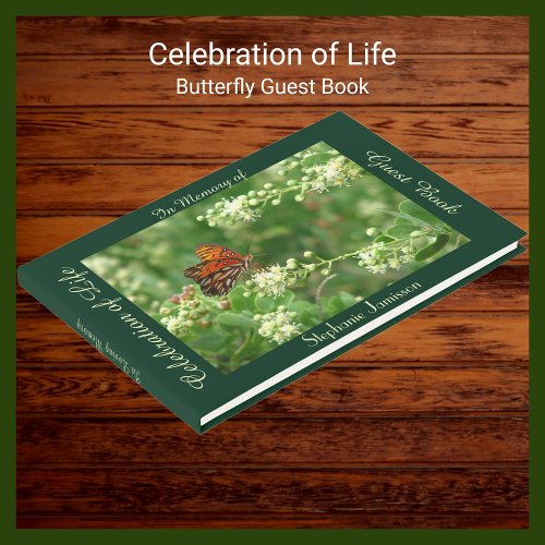 Celebration of Life Name Orange Butterfly Green Guest Book