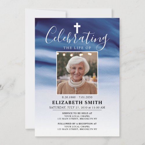 Celebration of Life Navy Blue Ombre Photo Funeral Invitation