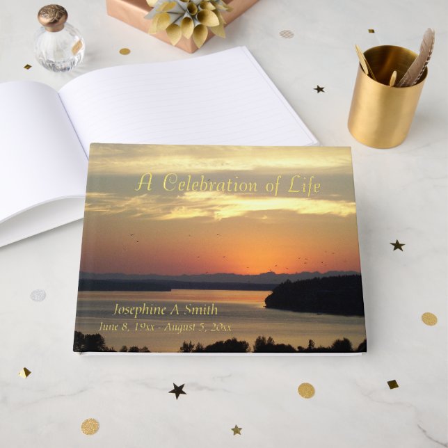 Celebration of Life Orange Sunset Memorial Foil Guest Book (Front Open)
