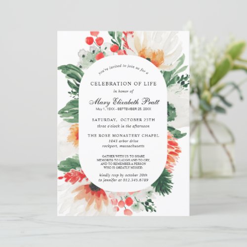 Celebration of Life Orange White Floral Botanical  Invitation