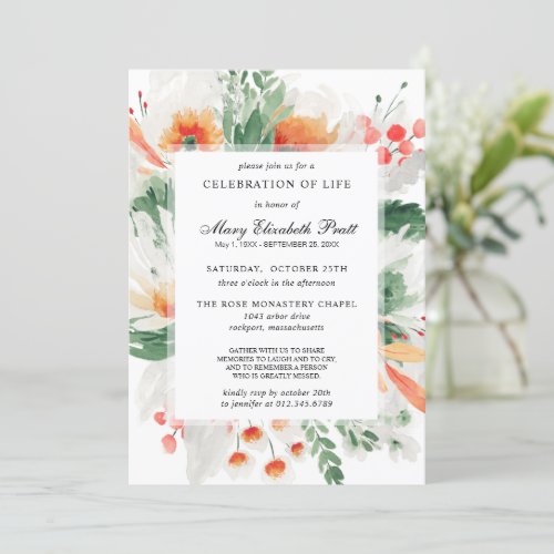 Celebration of Life Orange White Floral Botanical Invitation