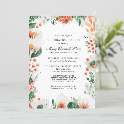 Celebration of Life Orange White Floral Funeral In Invitation